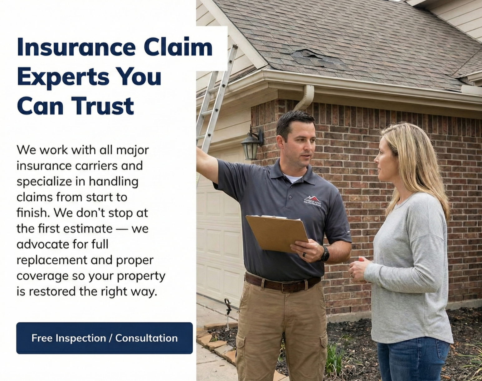 A homeowner in casual clothing talks with an insurance claims expert in a gray polo shirt outside a brick house during a consultation about property damage, with the expert holding a clipboard.