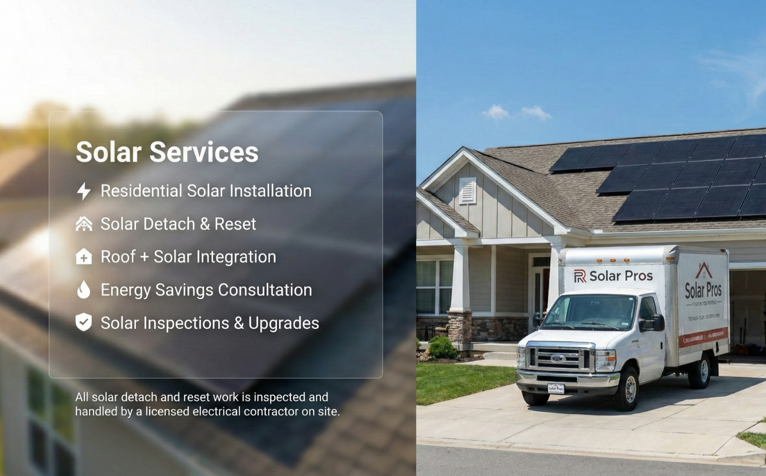 A Residential house with solar panels on the roof, and a moving truck parked in the driveway. The overlay shows solar services offered by Solar Pros, including installation, detachment, roof integration, energy consultations, and inspections.
