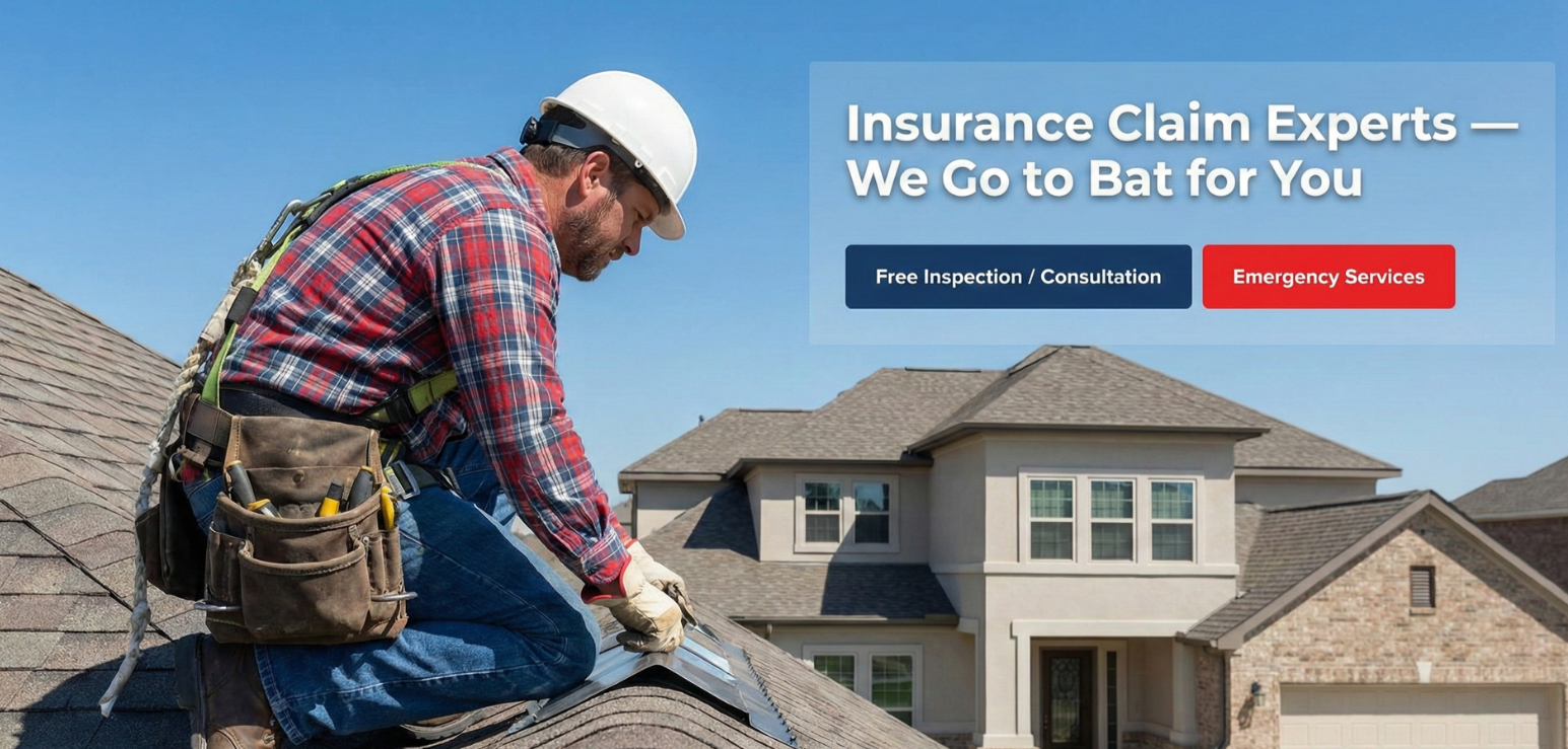 A construction worker wearing a white safety helmet, plaid shirt, jeans, and gloves, working on a roof of a house with beige siding and a two-story structure, under a blue sky.