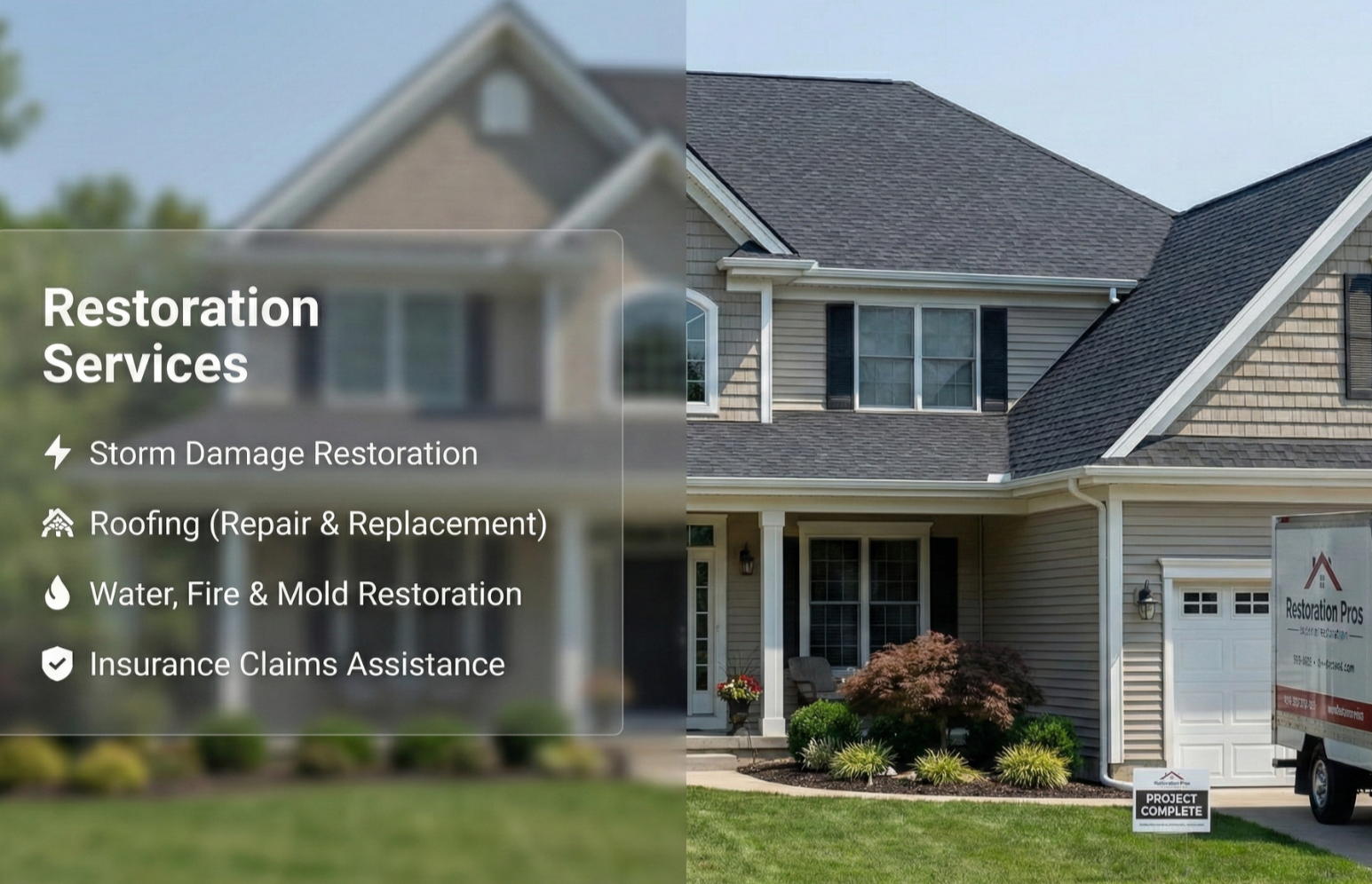 A house with a gray roof and beige siding; a Restoration Pros truck parked in driveway; overlay text lists restoration services such as storm damage, roofing, water/fire/mold restoration, and insurance claims.