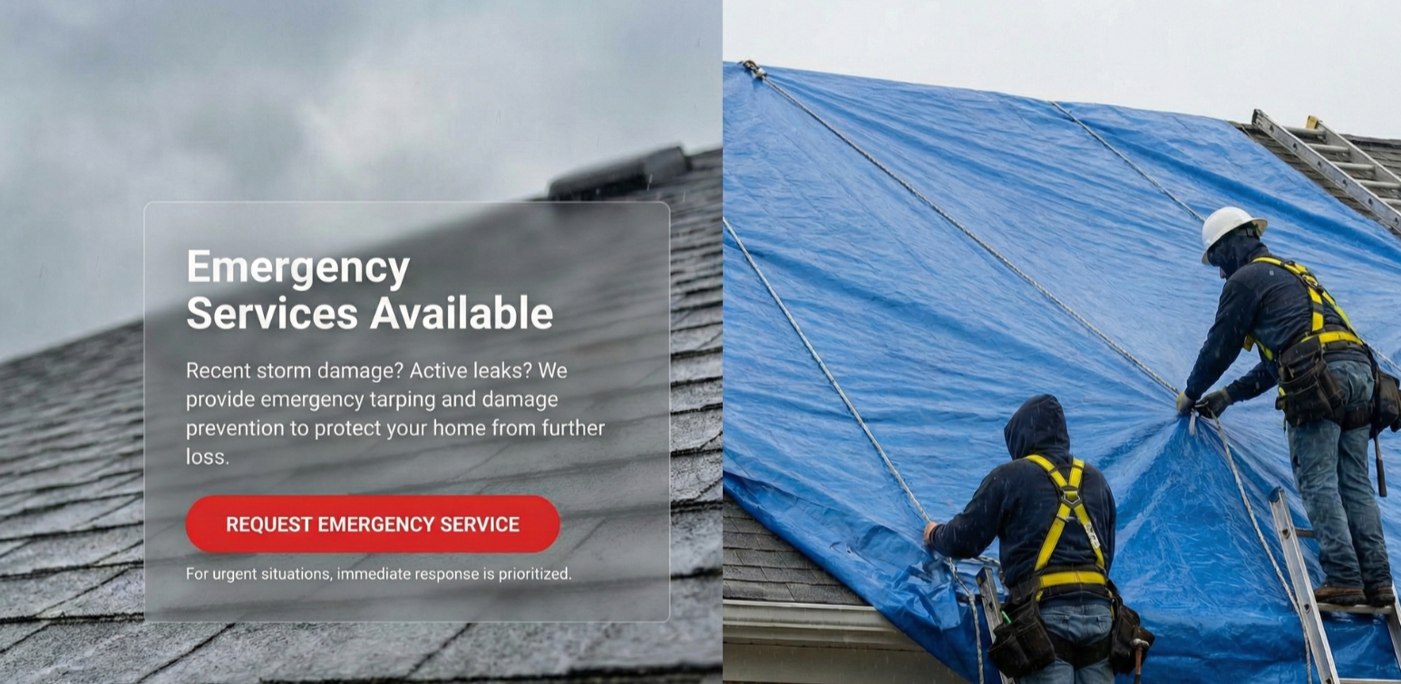 A split image showing a house's roof on the left and two workers in safety gear placing a blue tarp over a roof on the right.