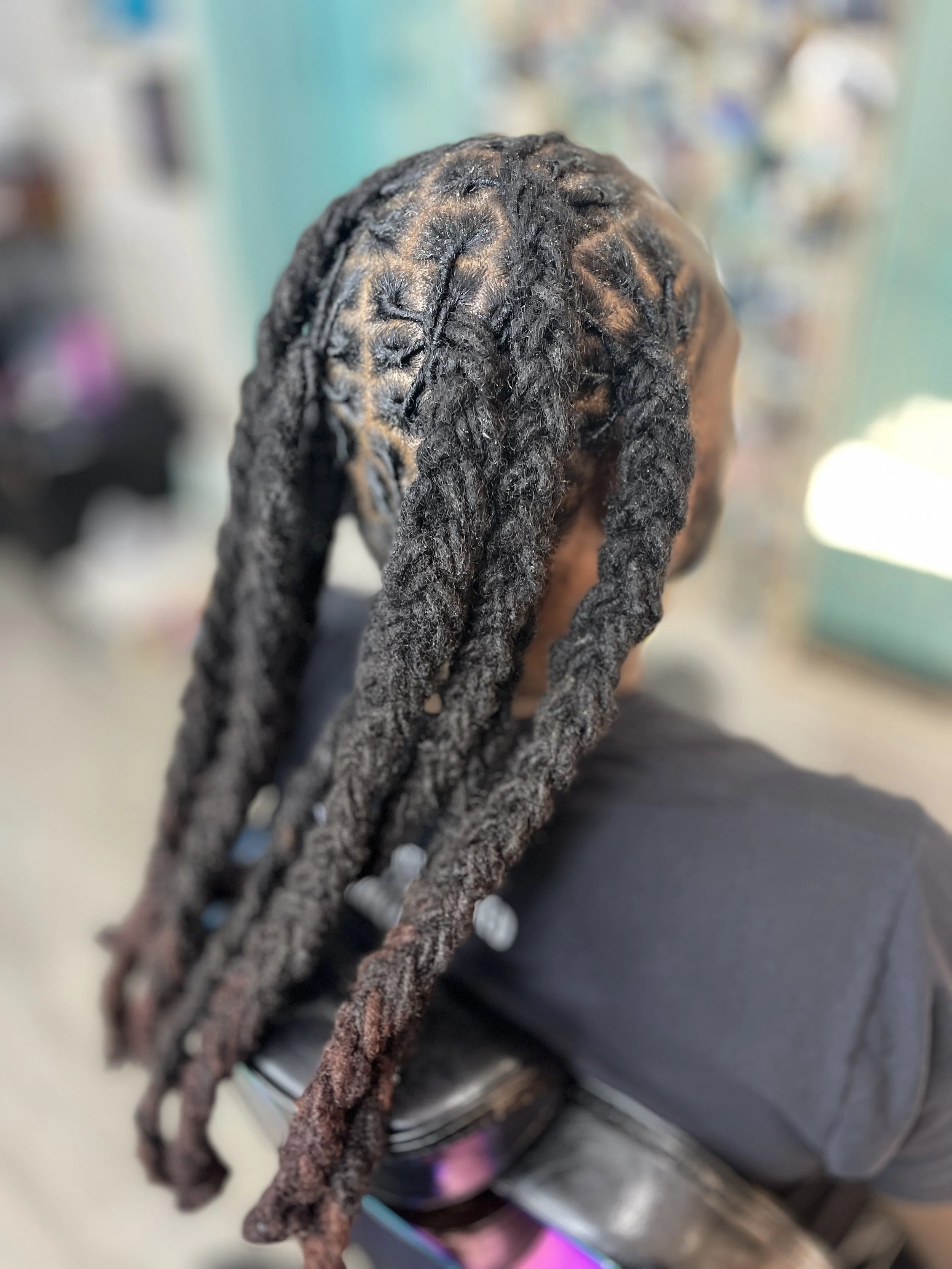 Close-up of a person's hair with black, brown, and possibly blonde dreadlocks.