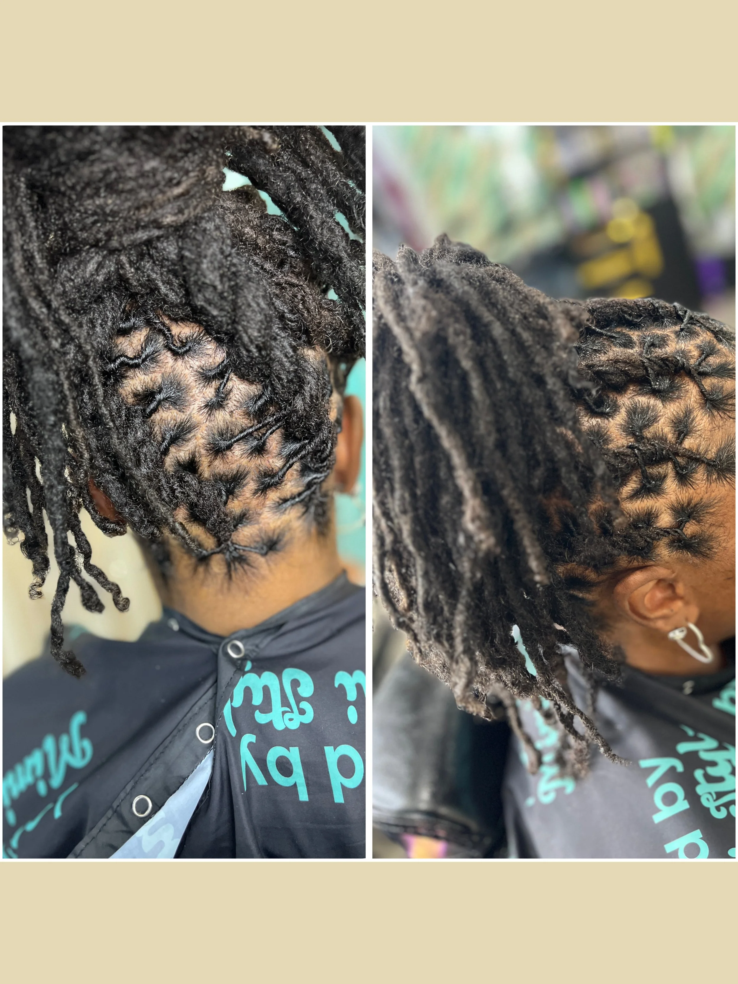 Close-up images of side and back view of a person's hair, showing medium-sized, black, well-maintained locs with some flat twists done at The Thairapy Suite.