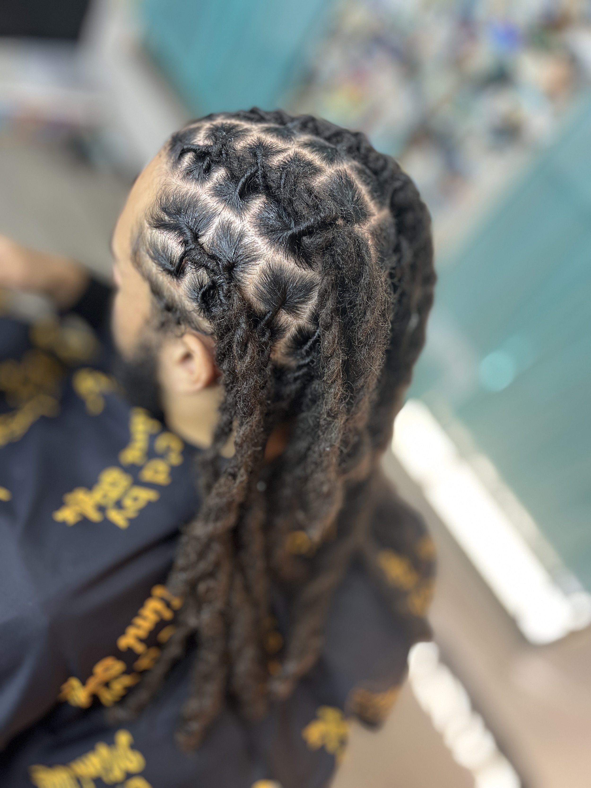 Close-up of a person's head with neat, long, tightly coiled dreadlocks.