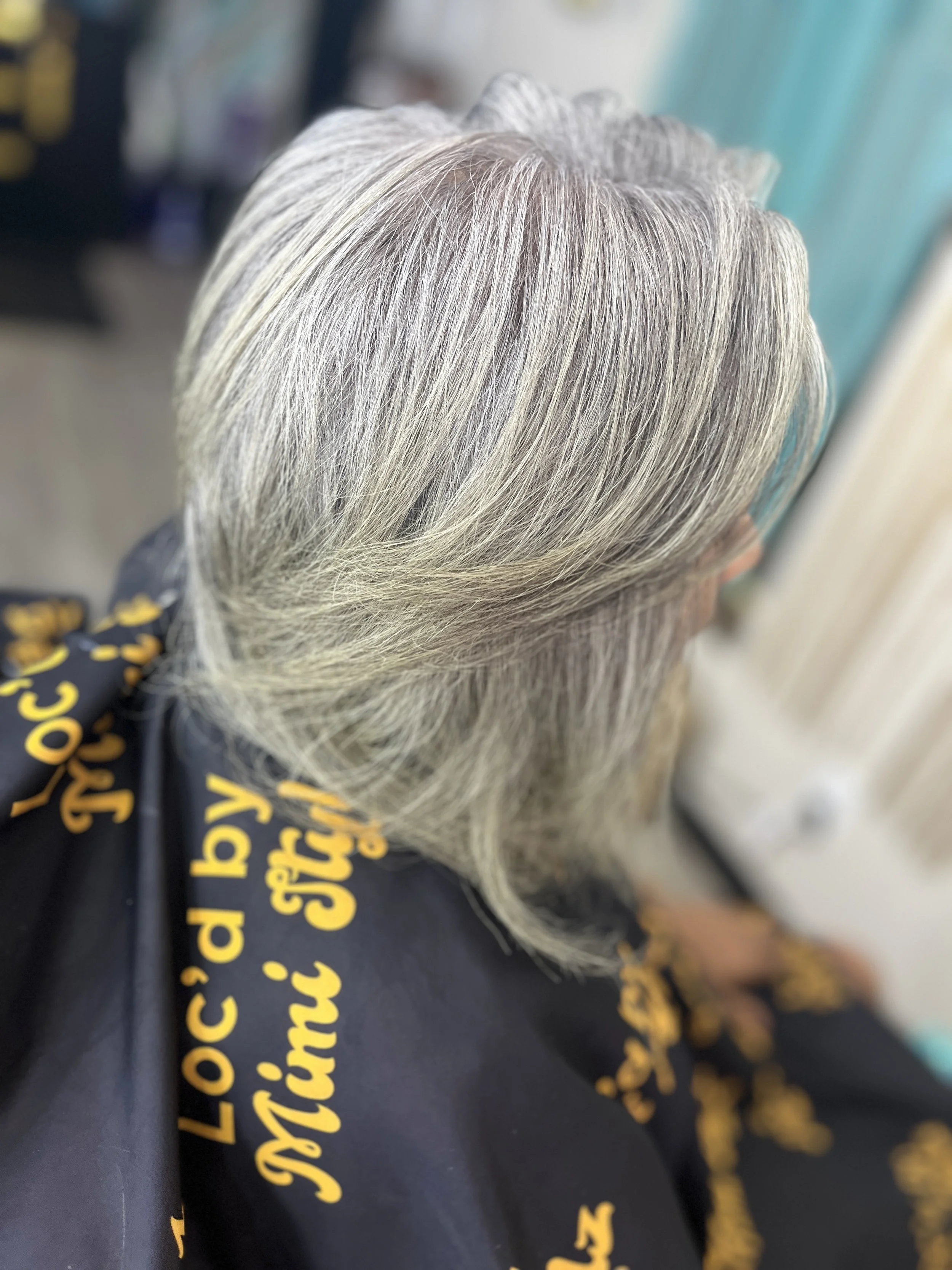 Silver or gray hair with highlights, styled and flowing during the Luxe Silk Press Experience