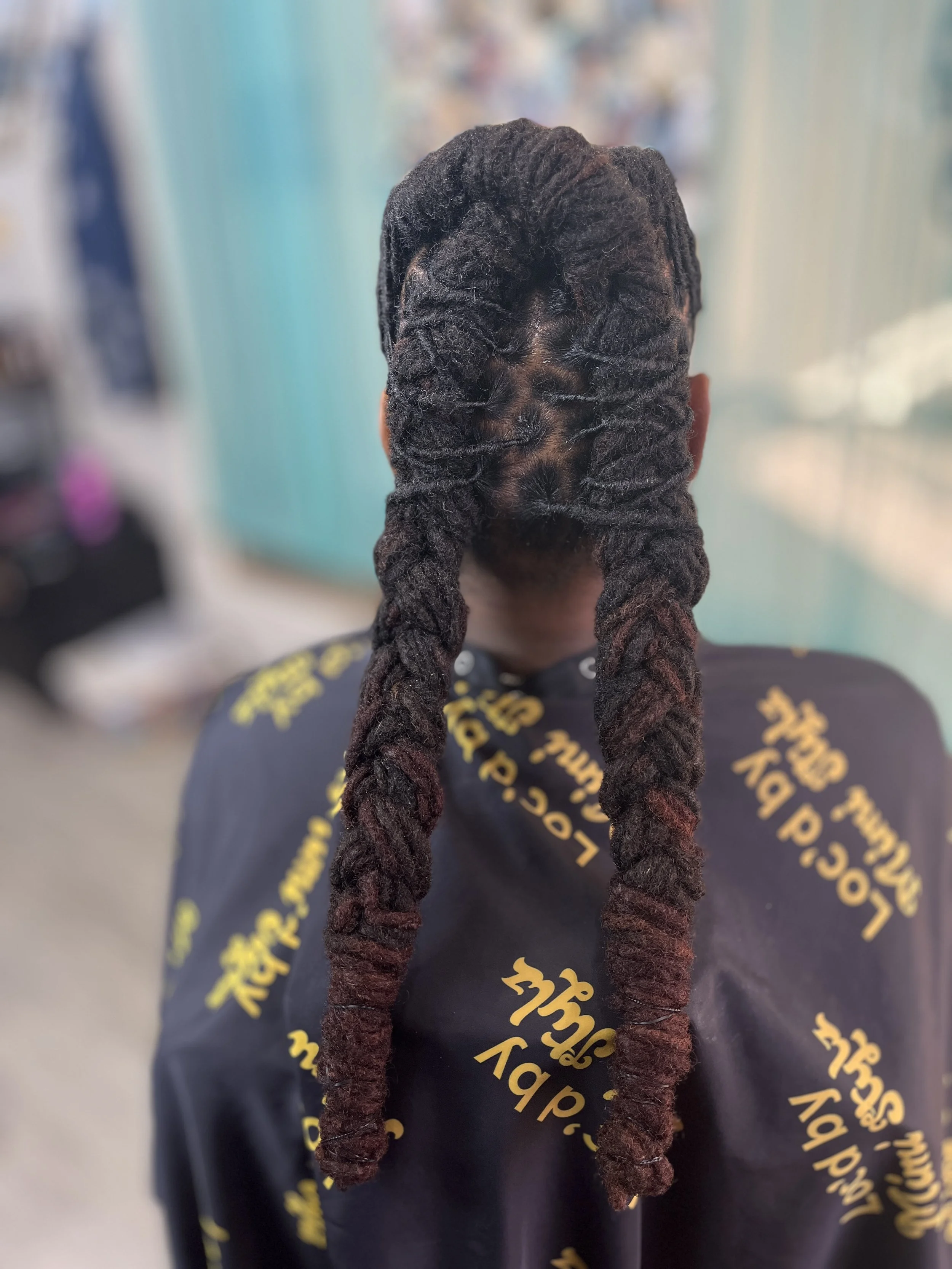 The photo shows two braided dreadlocks, dark in color, hanging down from a person's head. The person's back is turned to the camera, and the background appears to be a blurred indoor setting. The person is wearing a garment with yellow lettering.