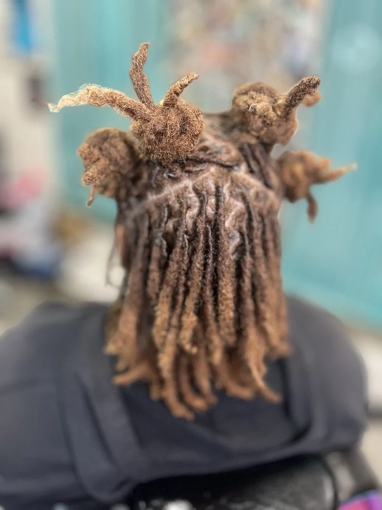 Close-up of a person's head with long brown dreadlocks and hair twists styled into horn-like shapes.