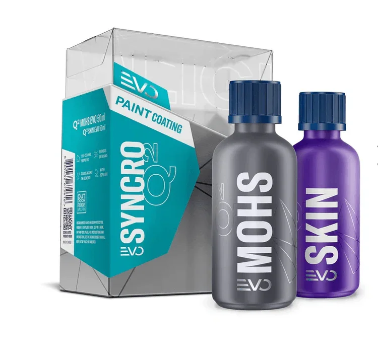 Set of automotive paint supplies including two bottles labeled 'SHO' and 'SKIN', and a box labeled 'SYNCRO Q2' with the phrase 'Paint Coating' on it.