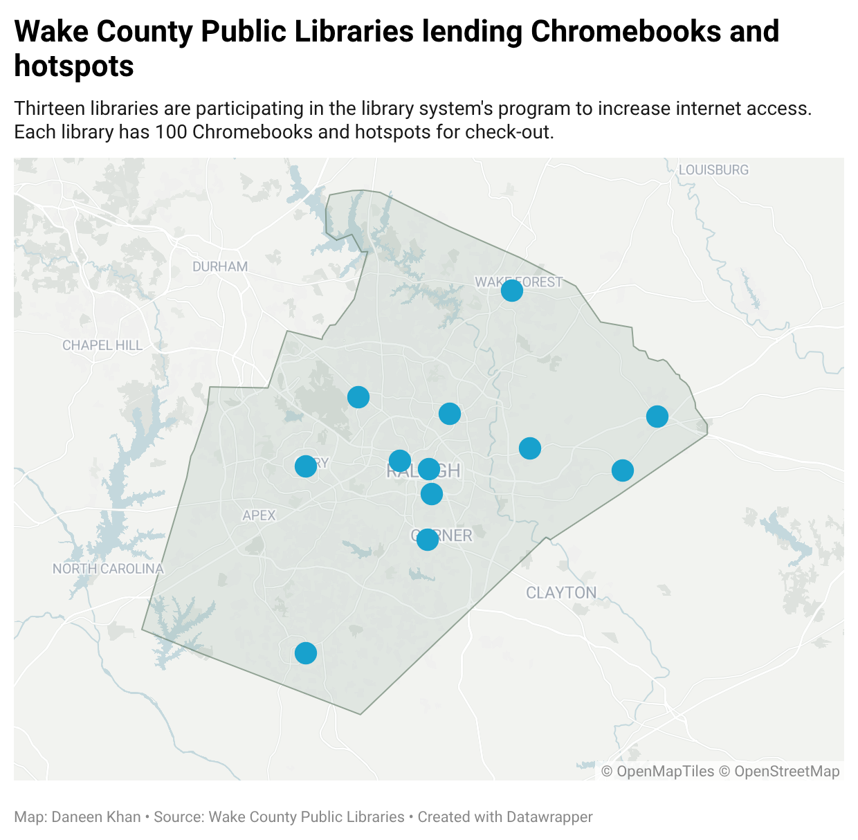 Library Chromebook Program: I created this simple map to accompany an article I wrote about a new Chromebook lending program in the Wake County Library System.