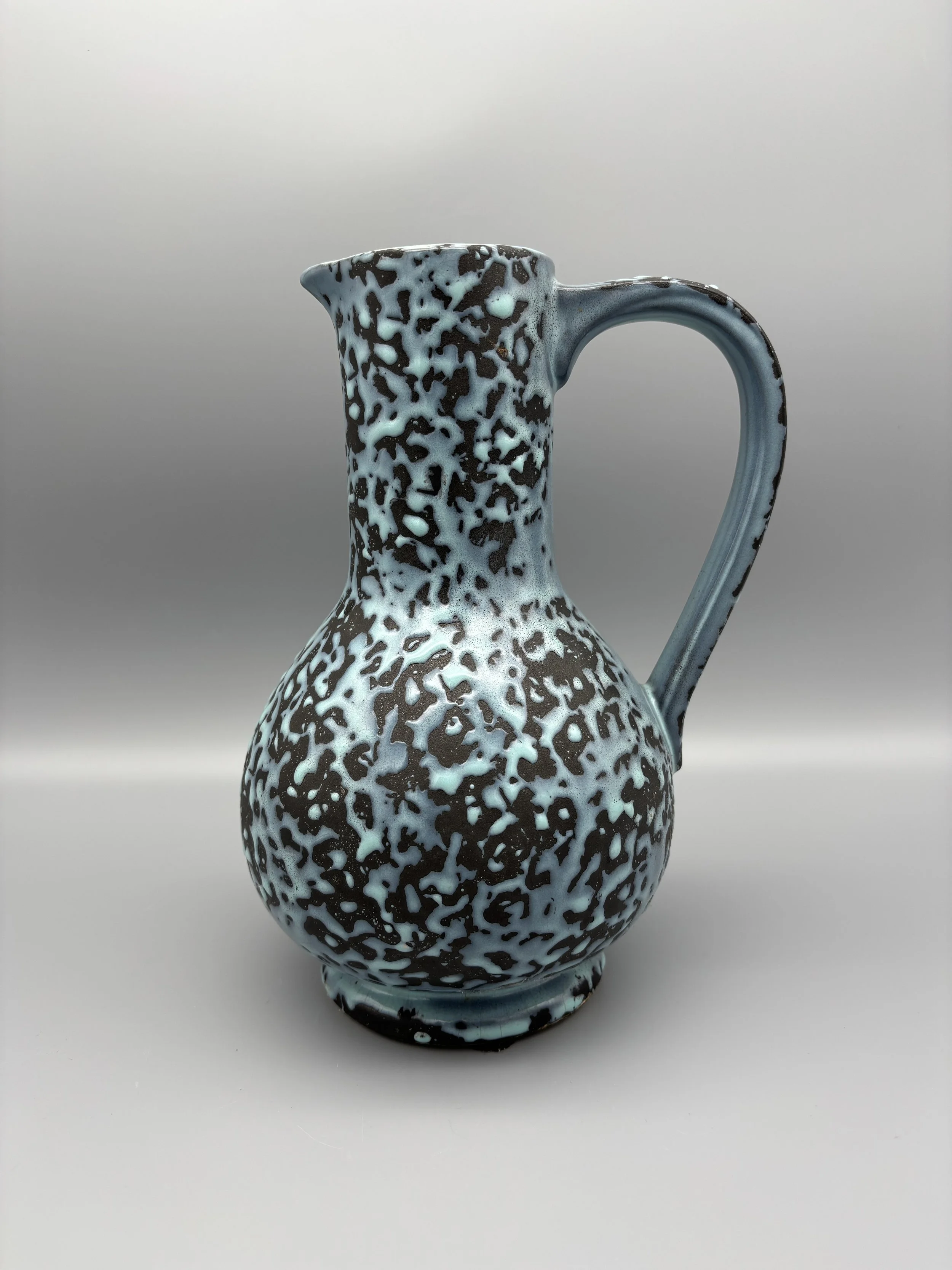 Vintage McCoy Pottery Brocade Pitcher Vase Blue & Black Splatter Glaze MCM 9.5"