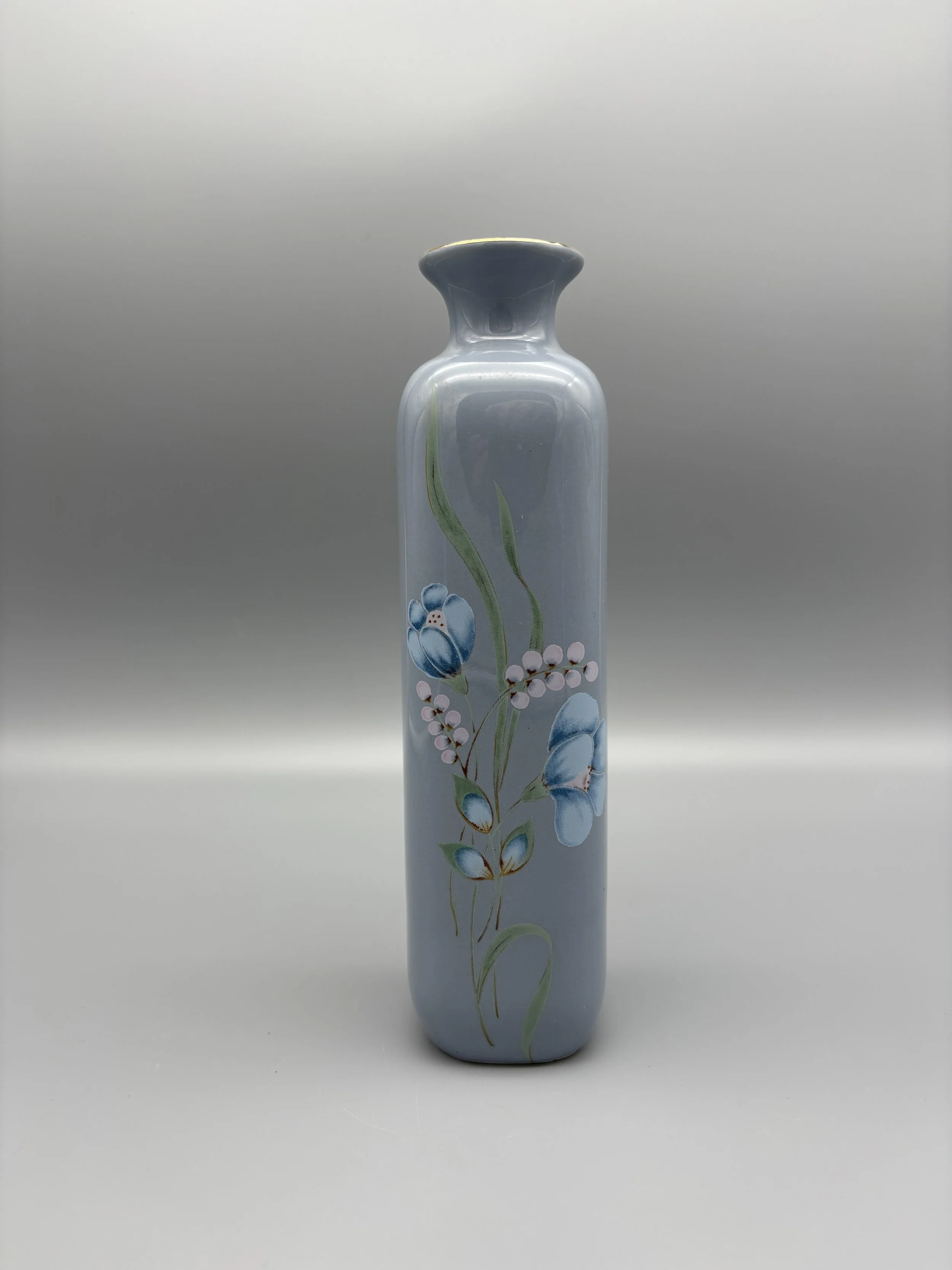 Vintage Ceramic Porcelain Bud Vase Slate Blue Floral Lily of the Valley Gold Trim