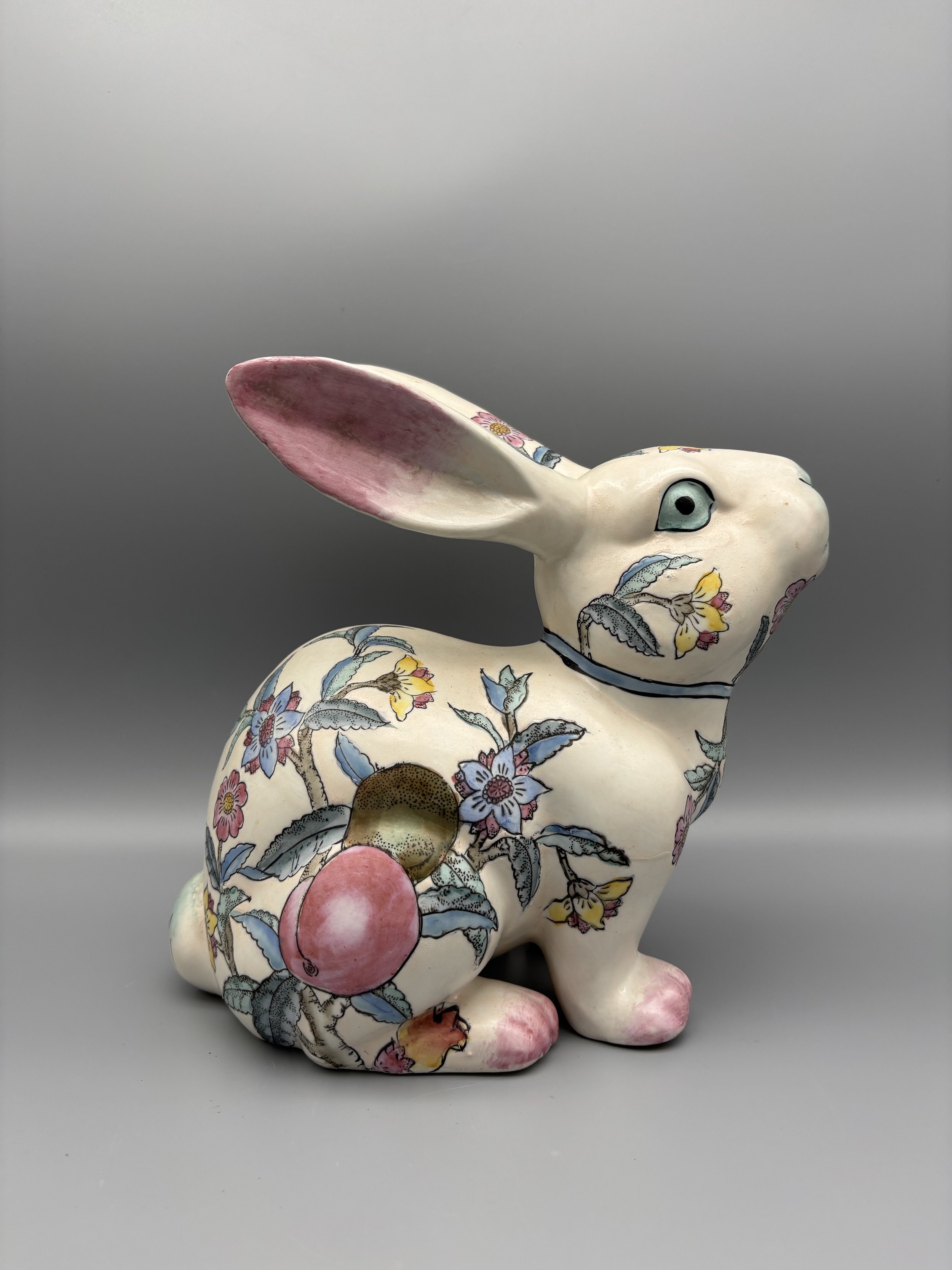 Vintage WBI China Porcelain Rabbit Figurine Hand Painted Famille Rose Floral 10"