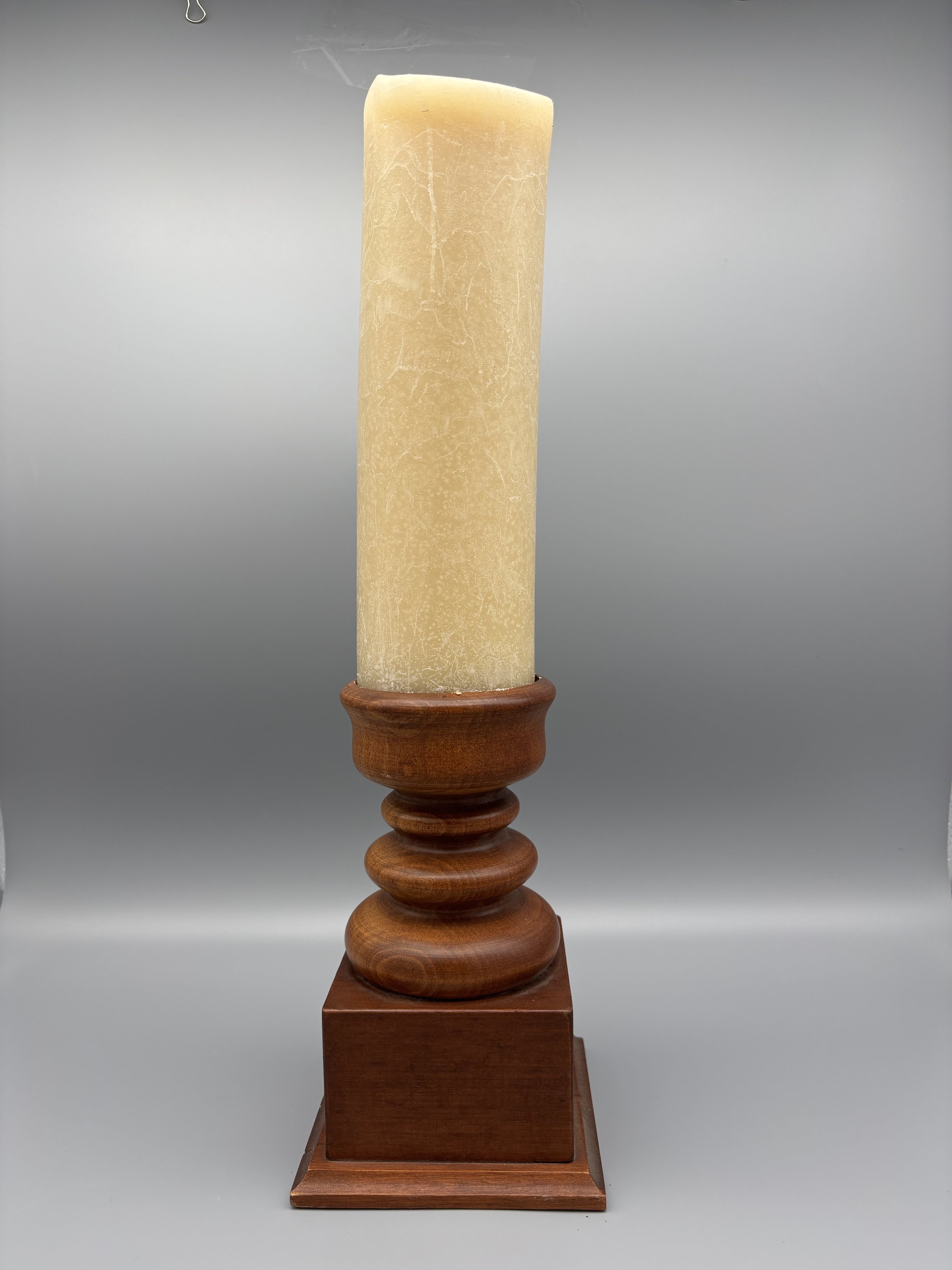 Vintage Turned Wood Pillar Candle Holder 7.5" & Large 9.5" Cream Pillar Candle