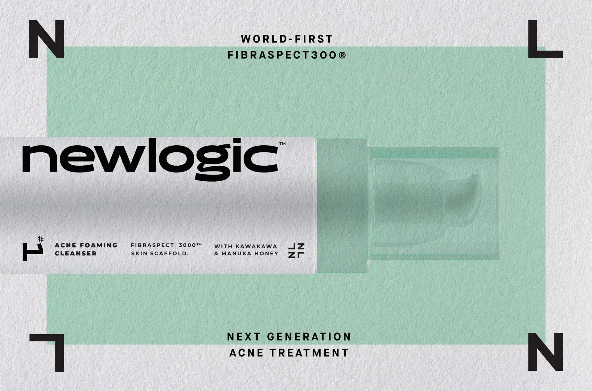 Social Media creative: Packaging of Newlogic Fibraspect 3000 acne foaming cleanser with Kawakawa and Manuka honey, featuring a modern design with green and white colors, black text, and directional arrows.