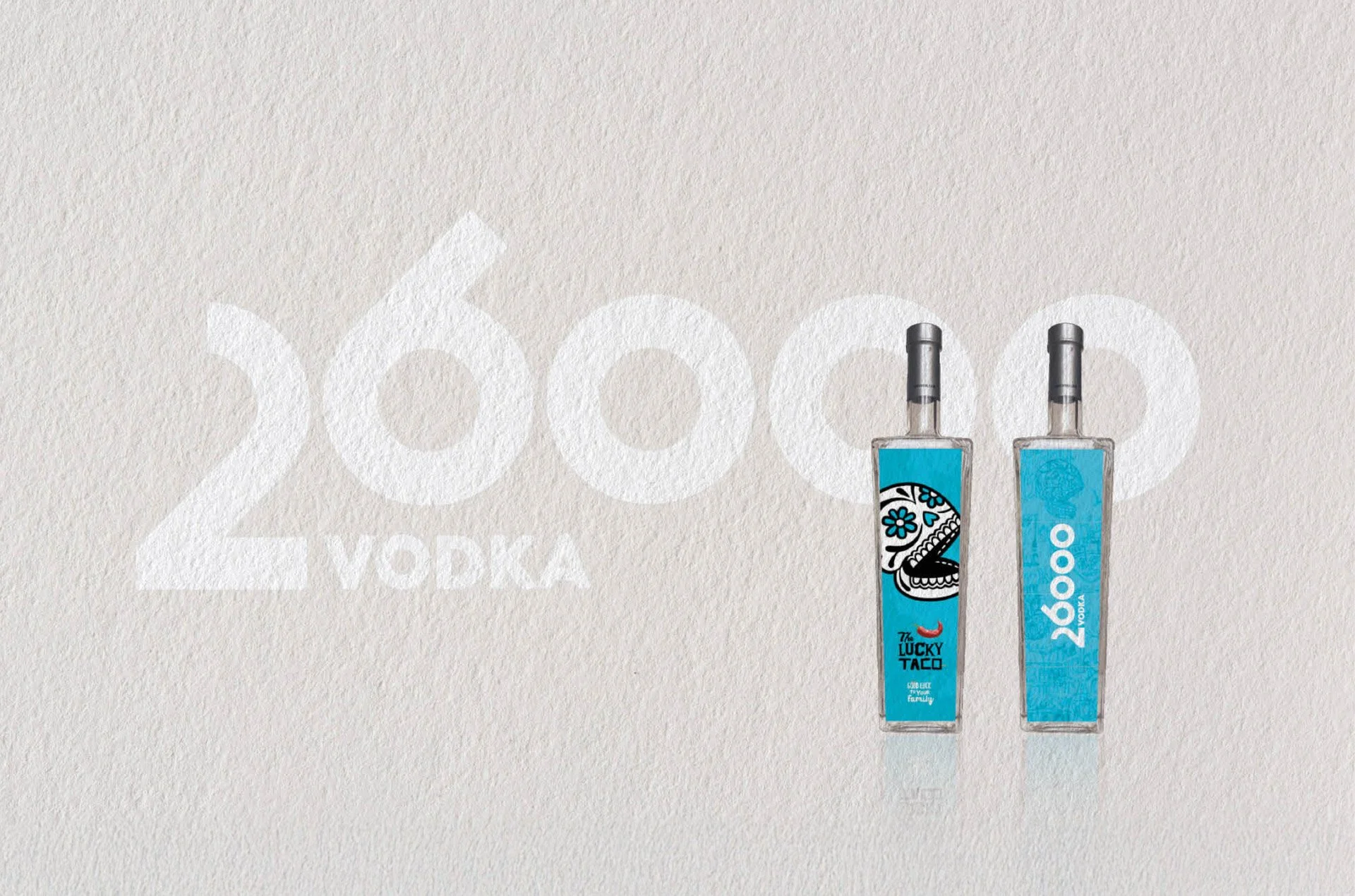 Social Media creative: Two bottles of vodka with colorful labels on a light textured background.