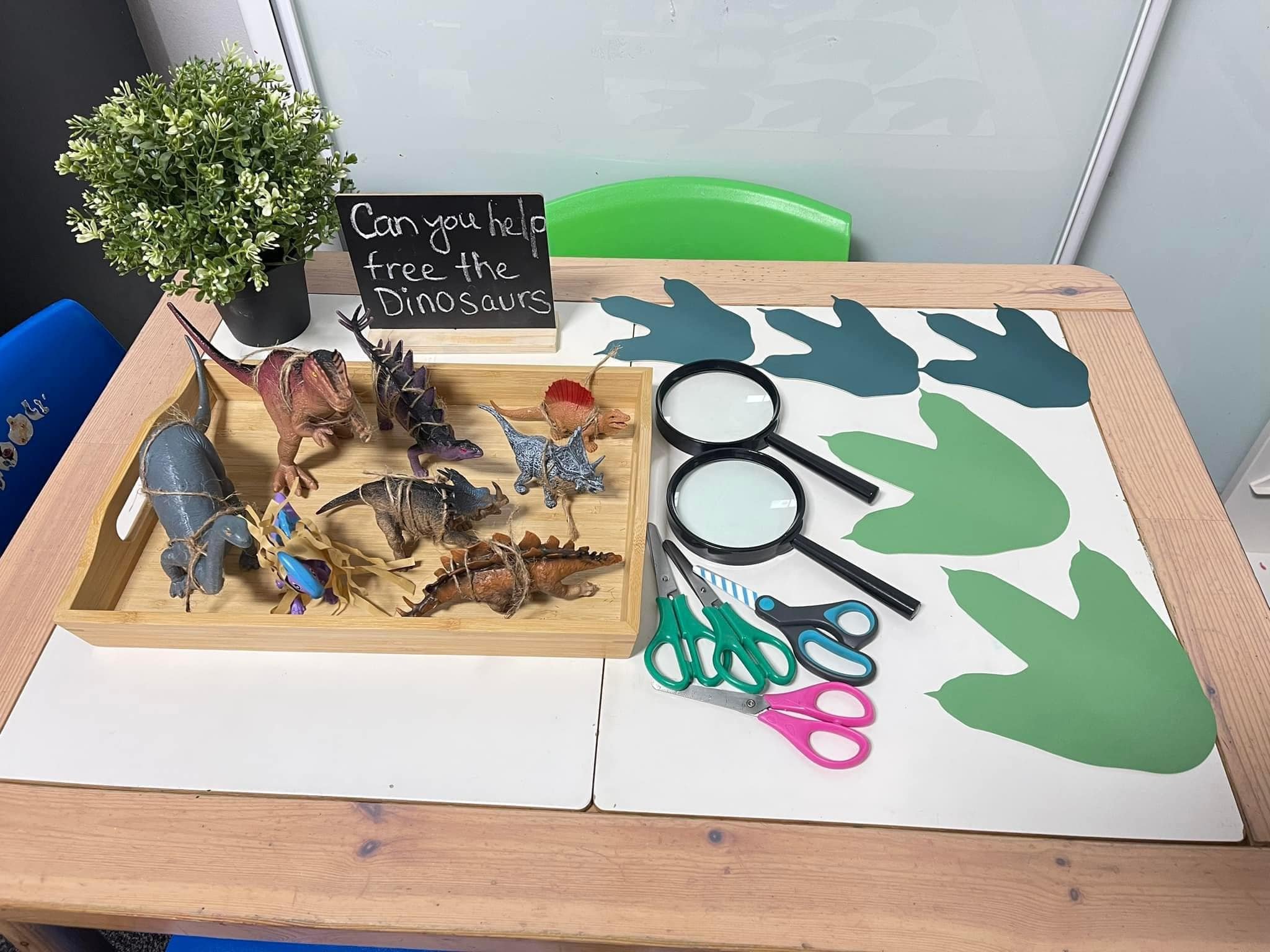 A desk with a wooden tray containing toy dinosaurs, a small blackboard sign reading 'Can you help free the Dinosaurs?', a potted plant, a pair of magnifying glasses, several pairs of scissors, and paper with green dinosaur footprints.