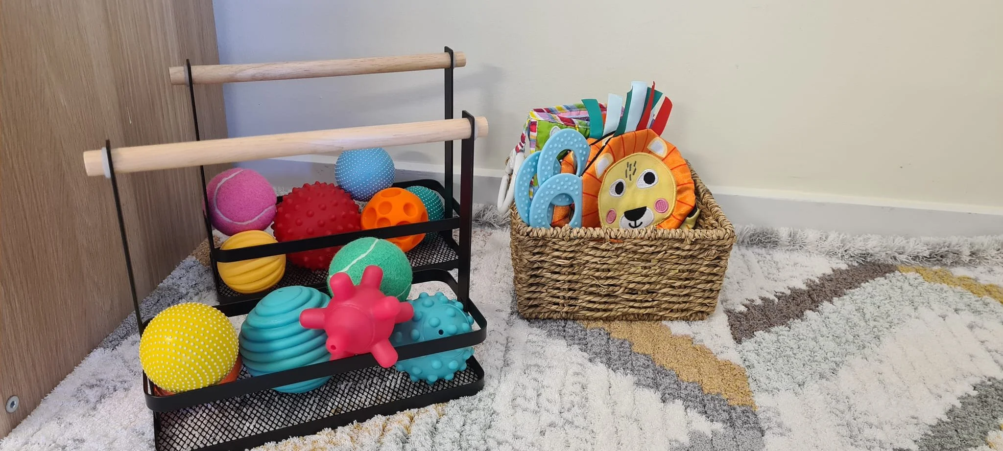 A collection of colorful pet toys on a wooden and metal rack and in a wicker basket on a plush area rug.