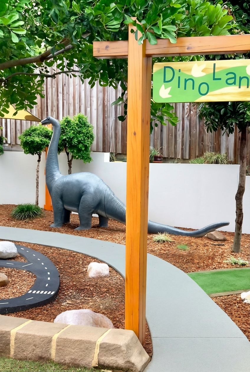 A children's dinosaur play area featuring a large gray dinosaur statue, a winding mini racetrack, and green landscaping, including small trees and shrubs, with a wooden sign reading 'Dino Land' in bright colors.