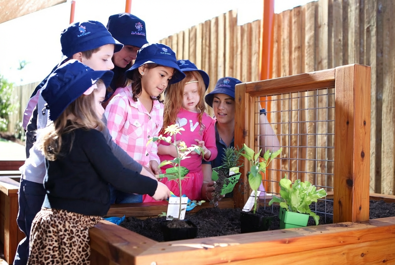 Group of children and an adult planting and tending to small plants and seedlings in a garden bed.