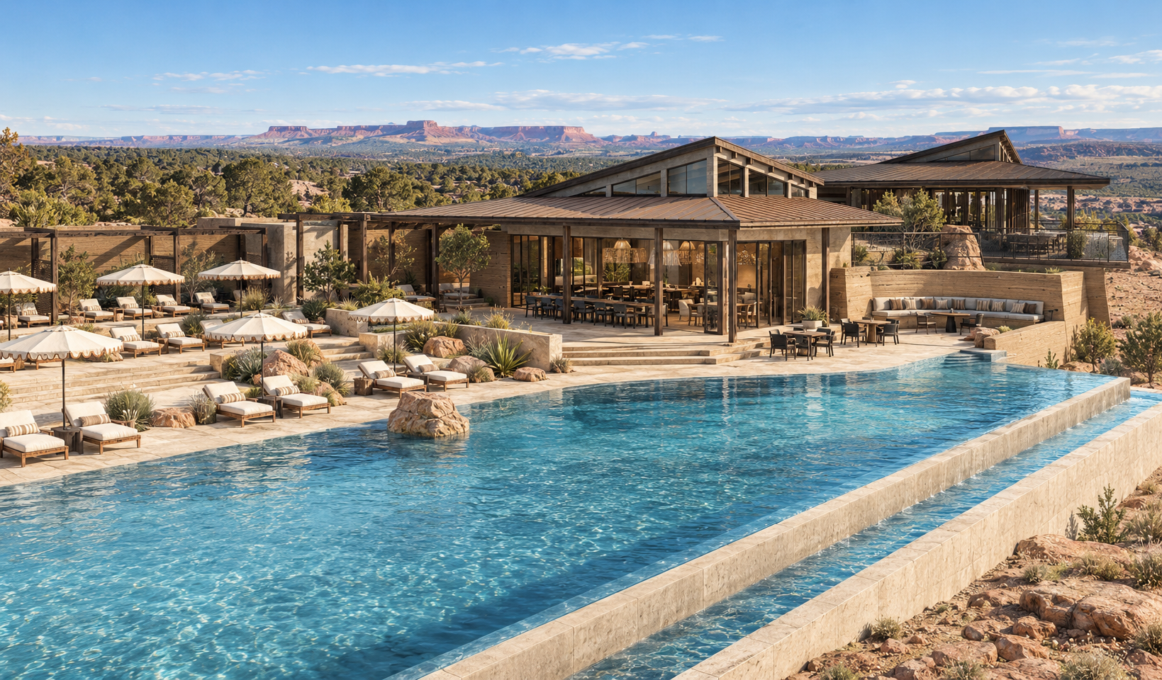 Pool and open-air lodge at Six Senses Camp Korongo with red rock mesas beyond
