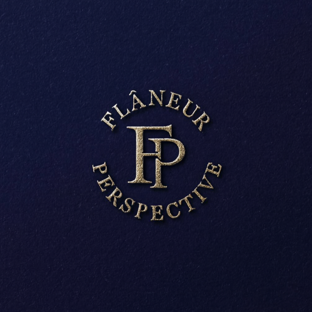 Gold embossed logo with the words 'Flaneur Perspectives' and intertwined initials 'FP' on a navy blue background.