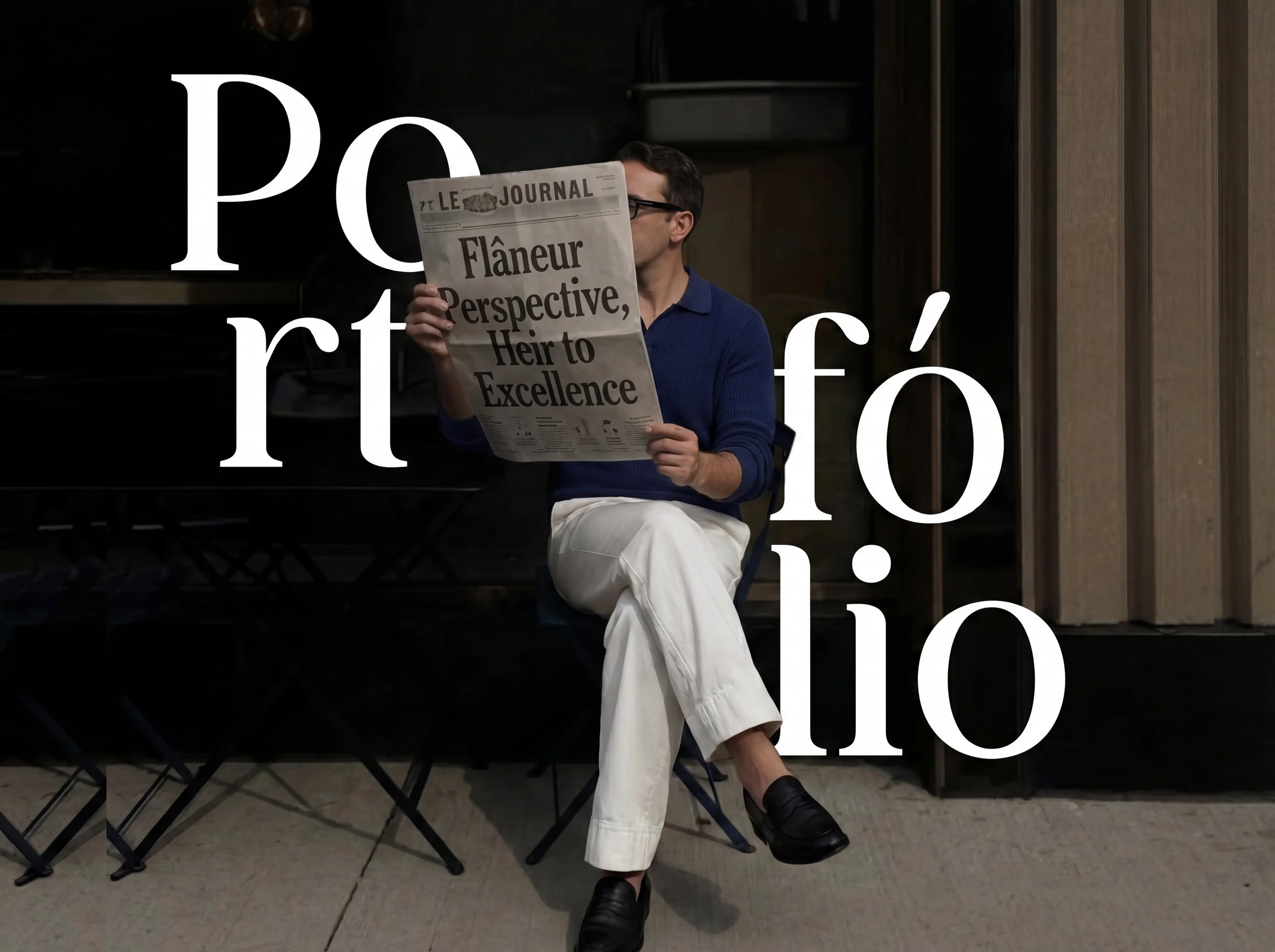Flâneur Perspective Founder, Keith Scriven sitting on a bench reading a newspaper titled 'Flâneur Perspective, Heir to Excellence' with large white text overlay reading 'Portfolio'.