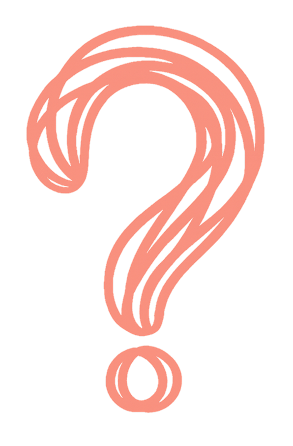 Pink question mark with a stylized, artistic design on a black background.