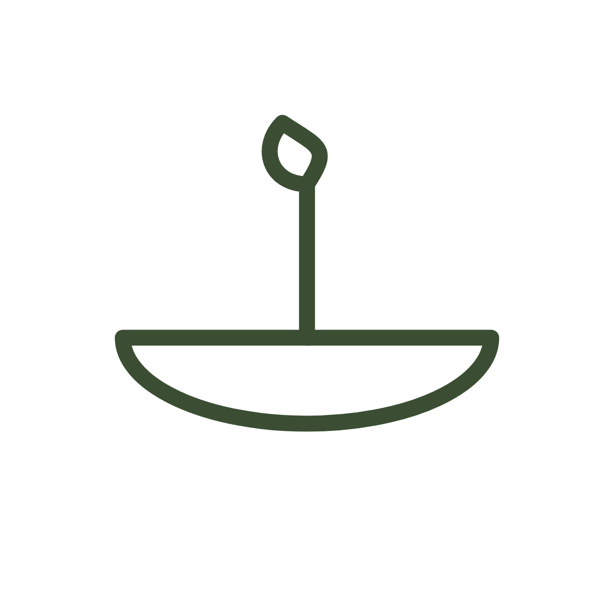 Minimalist illustration of a boat with a sail, with a single leaf on a stick above it.
