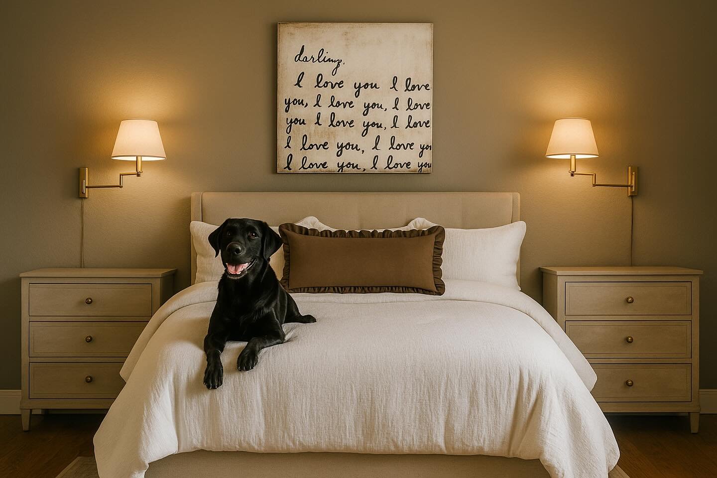 Simple and warm make this bedroom perfect for a cozy night in with your bestie 🐶🐾

#primarybedroom #homedesign #interiordesigner #virtualinteriordesigner #3drenderings