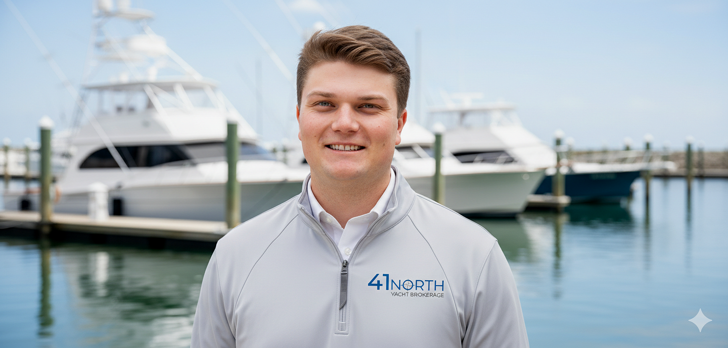 A young man standing in front of a marina with yachts, wearing a white jacket with the logo '41 North Yacht Brokerage'.