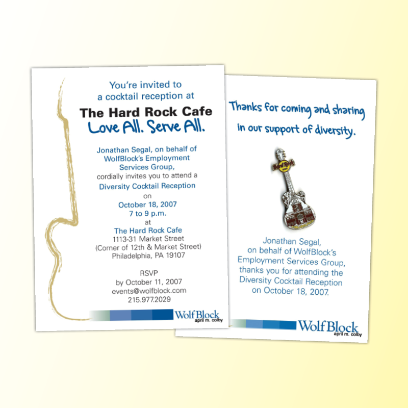 Invitation and thank you card for an event. The Hard Rock pin featured on the Thank You card was an actual pin attached to each card sent to attendees. 
