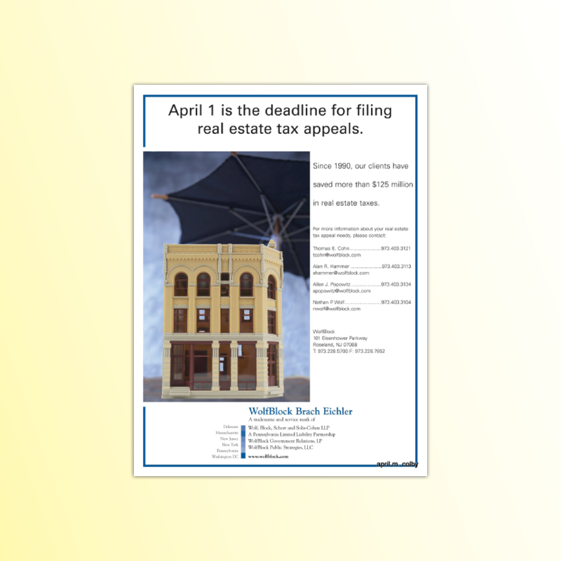 Full page, full color ad for NJ Real Estate Tax Appeal group.