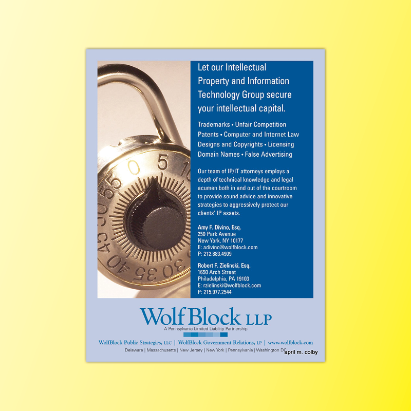 Full page, full color ad for Intellectual Property group.