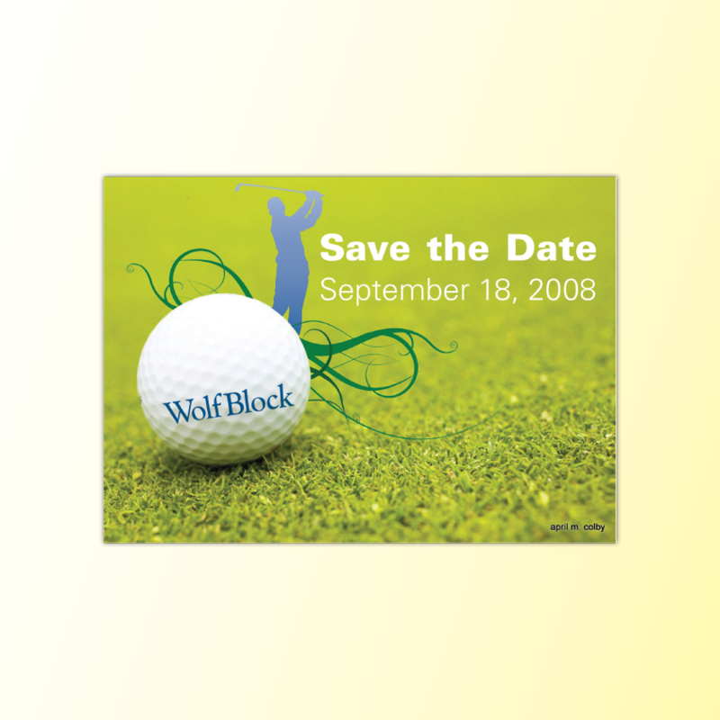 Front featured of the save the date card for a golf event. 