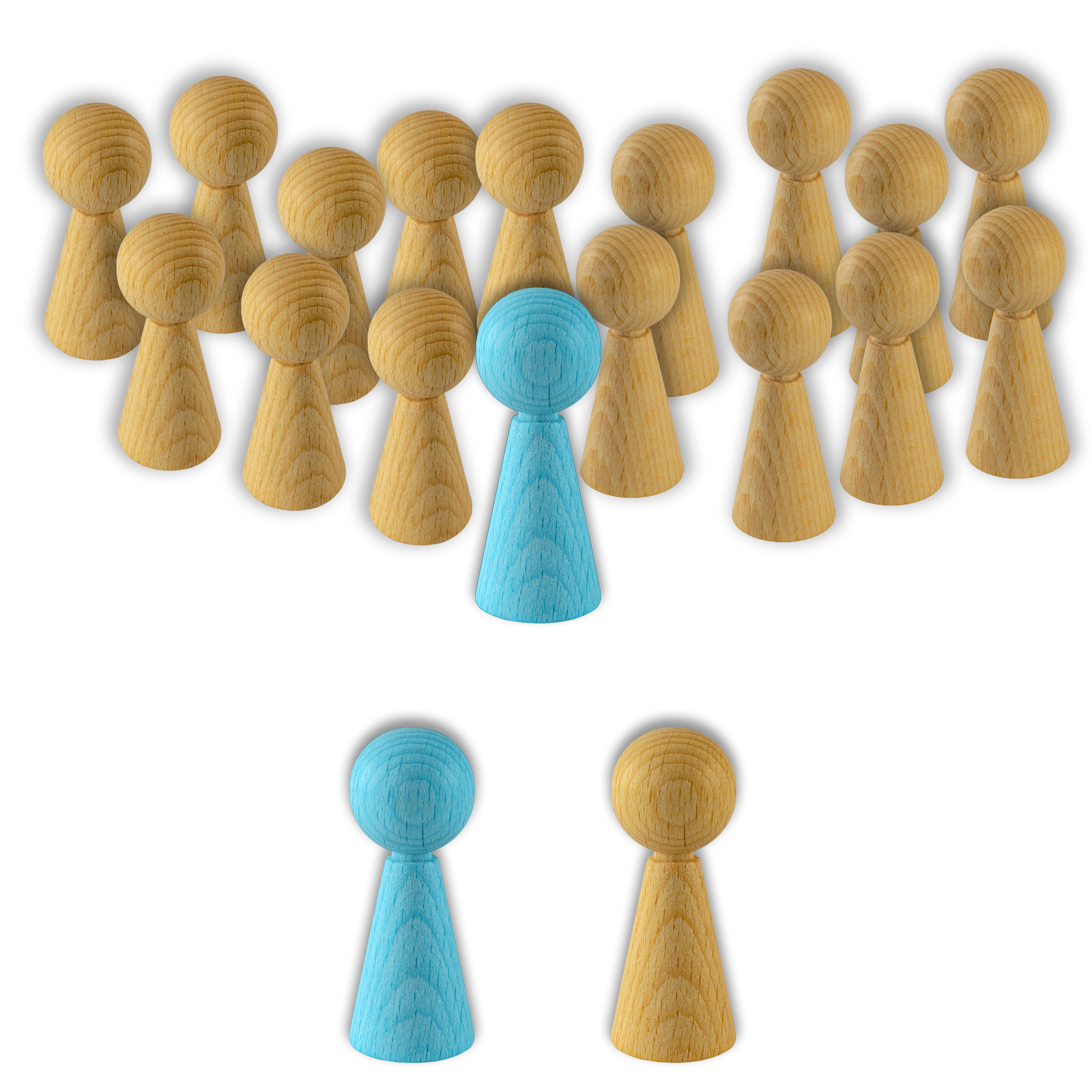 Visual depiction of one to one vs one to many using wooden figures, top is one blue wooden figure facing many natural wooden figures while the bottom is one blue wooden figure facing one natural wooden figure