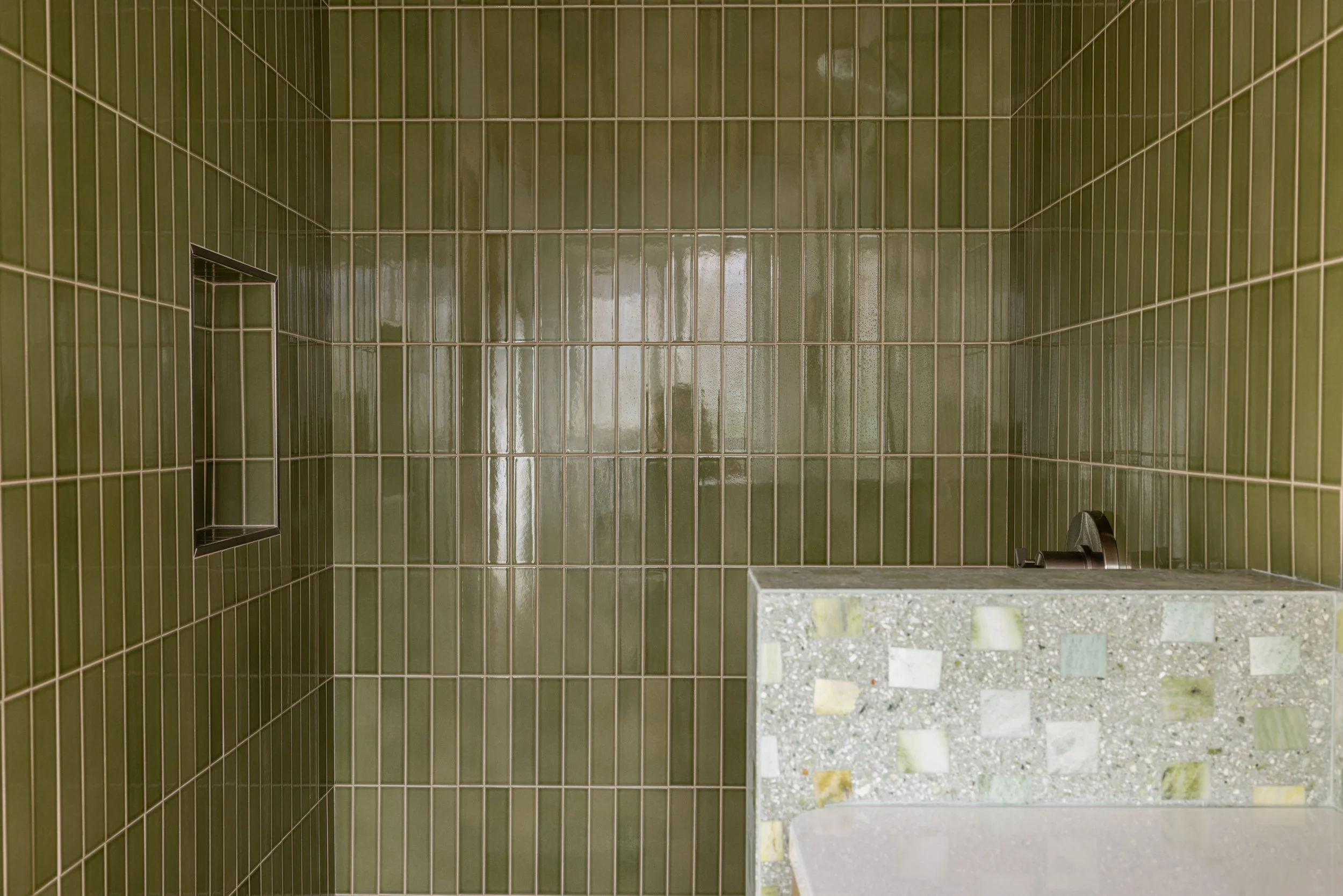 Image of bathroom shower designed by Geis Architecture. Tile by Zia Tile and Concrete Collaborative