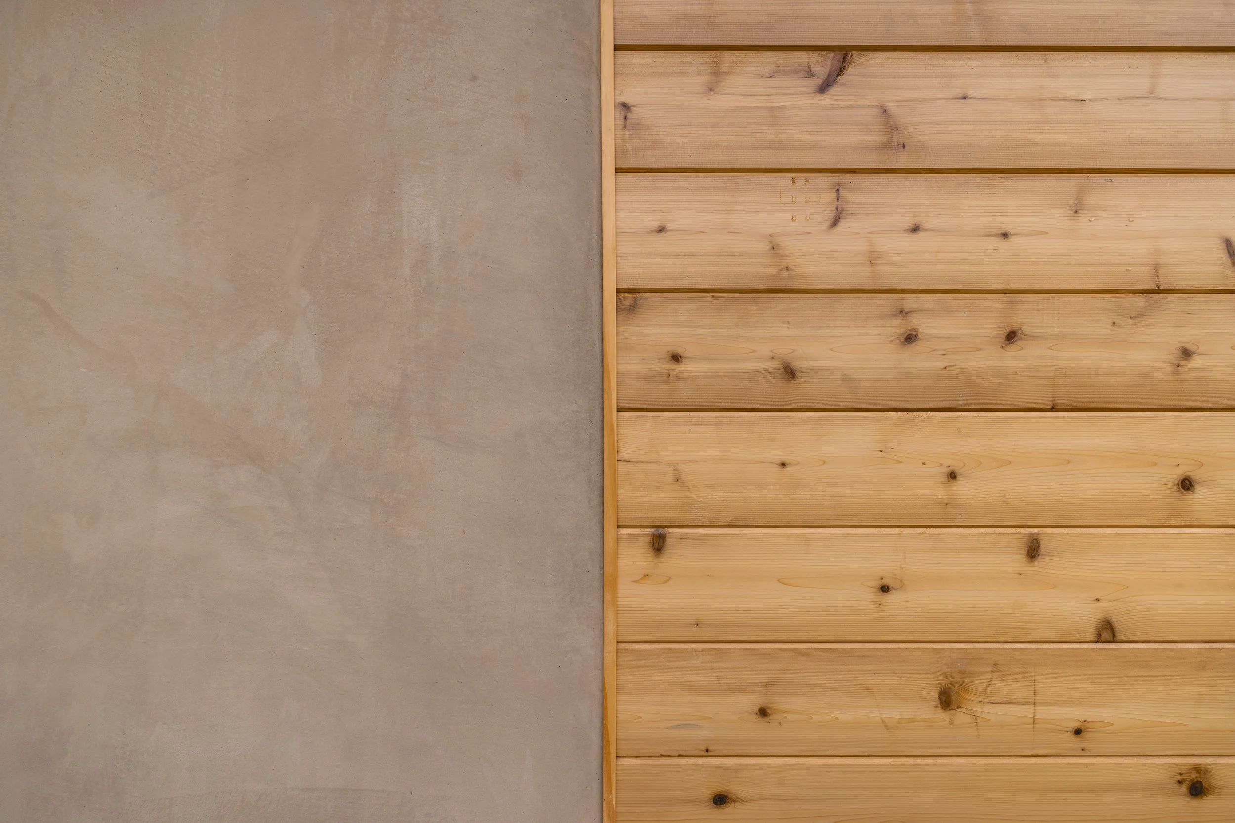 Exterior building materials on newly remodeled Carlsbad home. Smooth tan stucco and wood siding