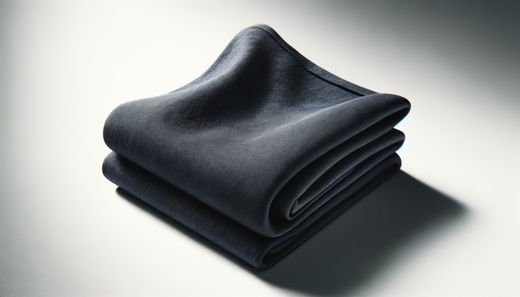 Folded black dress shirt on a white surface with shadows.