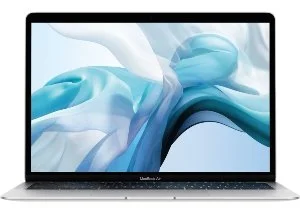 Laptop with abstract blue and gray background on screen.