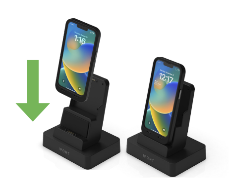 Two smartphones in black charging docks, with a green downward arrow indicating a charging or transfer process.