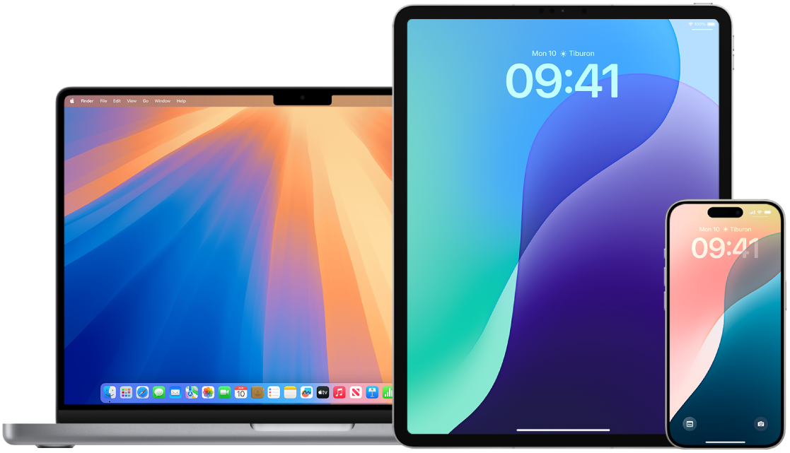 A collection of Apple electronic devices including a MacBook laptop, an iPad tablet, and an iPhone smartphone, all with colorful screens.