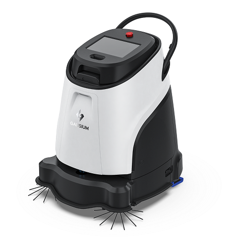 Automated floor cleaning machine with a touchscreen, black and white exterior, and side brushes for sweeping.