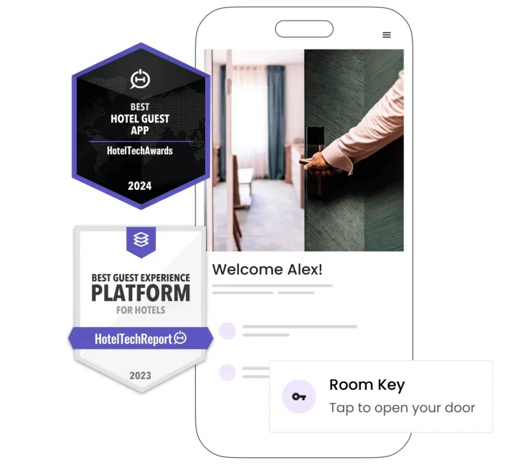 A smartphone displaying a hotel app interface greeting a guest named Alex, with icons for room key access and badges for awards including Best Hotel Guest App 2024 and Best Guest Experience Platform 2023.