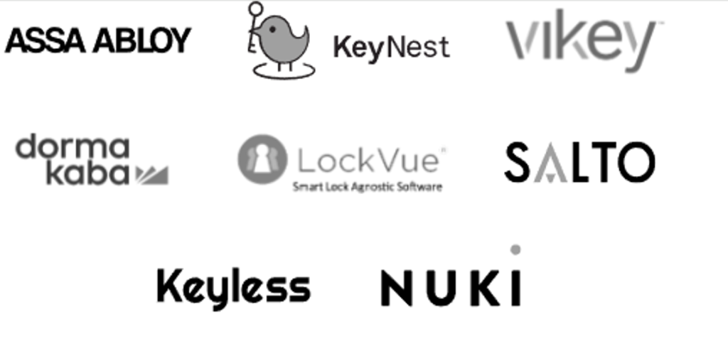 Collection of logos for security and smart lock software companies including ASSA ABLOY, KeyNest, Vikey, dorma kaba, LockVUE, SALTO, Keyless, NUKI, and Keyless.