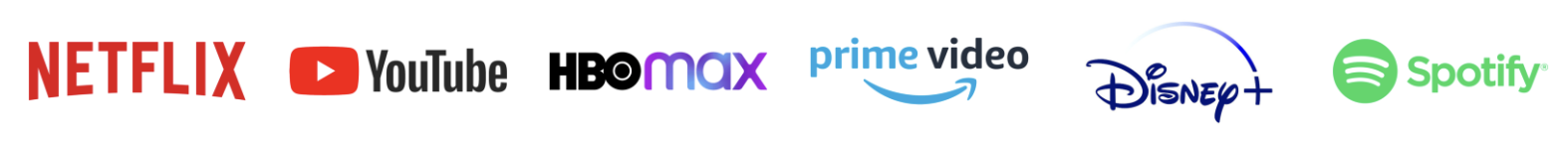 Logos of streaming services: Netflix, YouTube, HBO Max, Prime Video, Disney+, Spotify.