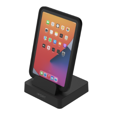 A smartphone placed on a black charging dock with the brand name 'iPORT' visible on the front.