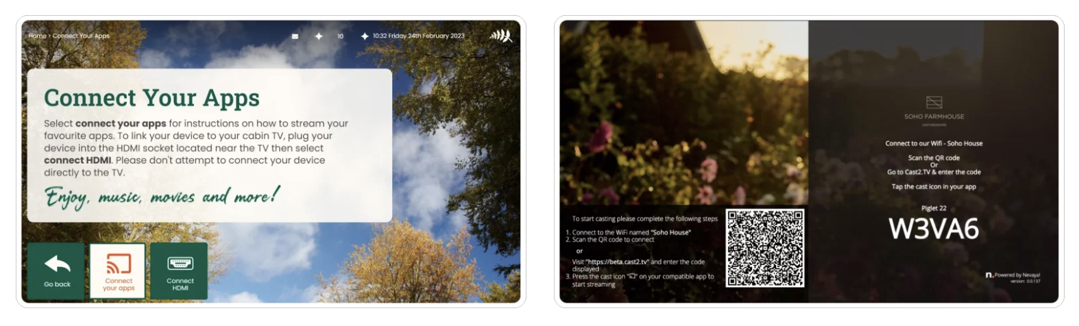 Screenshots showing instructions on connecting your apps and casting to a TV, with a QR code and Wi-Fi details for Soho House