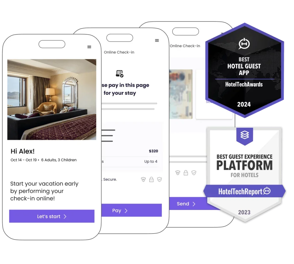 Three overlapping smartphone screens displaying a hotel booking app interface, with awards for best hotel guest app and experience, and a hotel room photo on the first screen.