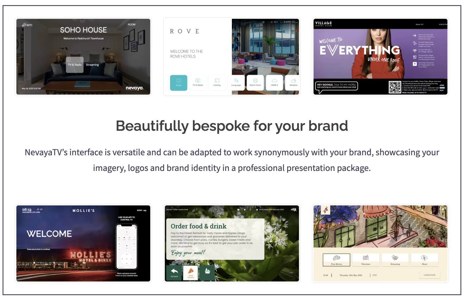 Screenshot of a promotional webpage showing various digital interface designs for hotels and brands. The page has a heading 'Beautifully bespoke for your brand' and displays six different user interfaces, including hotel room controls, food ordering, and entertainment options.