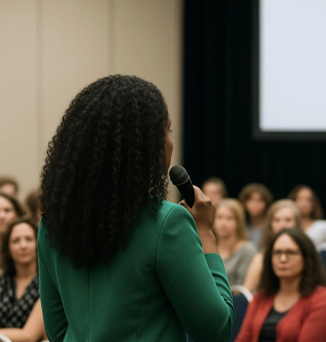 A woman with curly black hair wearing a green blazer is speaking into a microphone during a presentation or conference in front of an audience.